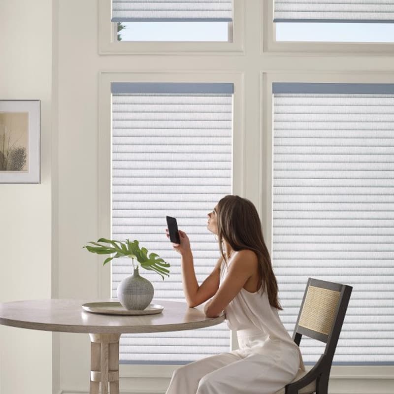 A homeowner adjusting Hunter Douglas shades