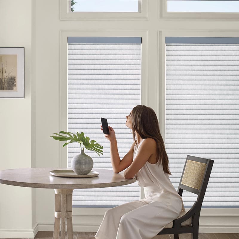 A living room with motorized Hunter Douglas shades adjusting to the afternoon light