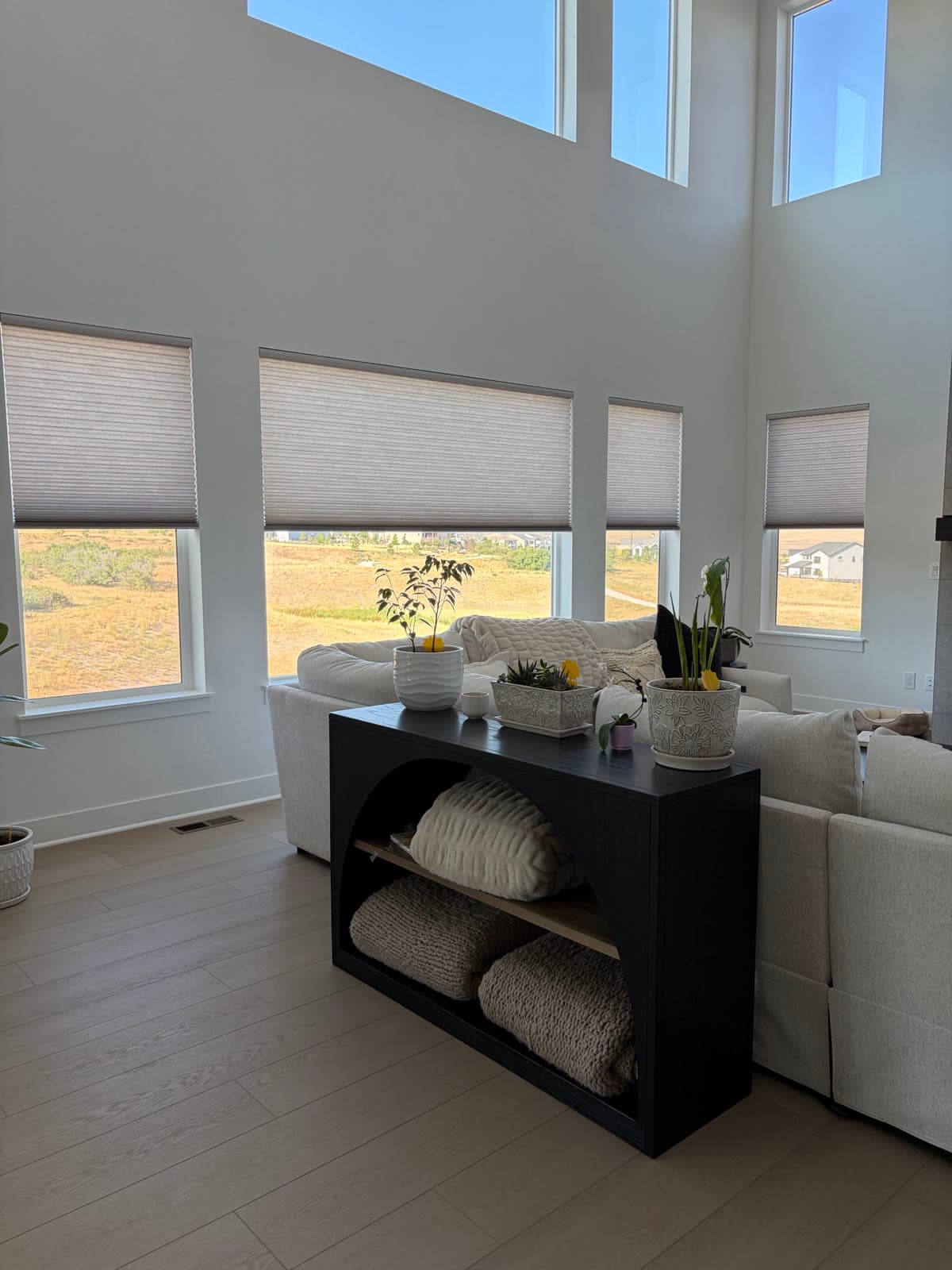Duette® honeycomb shades lowered partway over the great-room windows